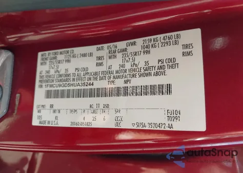 2017 Ford Escape Se из США, поврежденный, VIN 1FMCU9GD5HUA35244